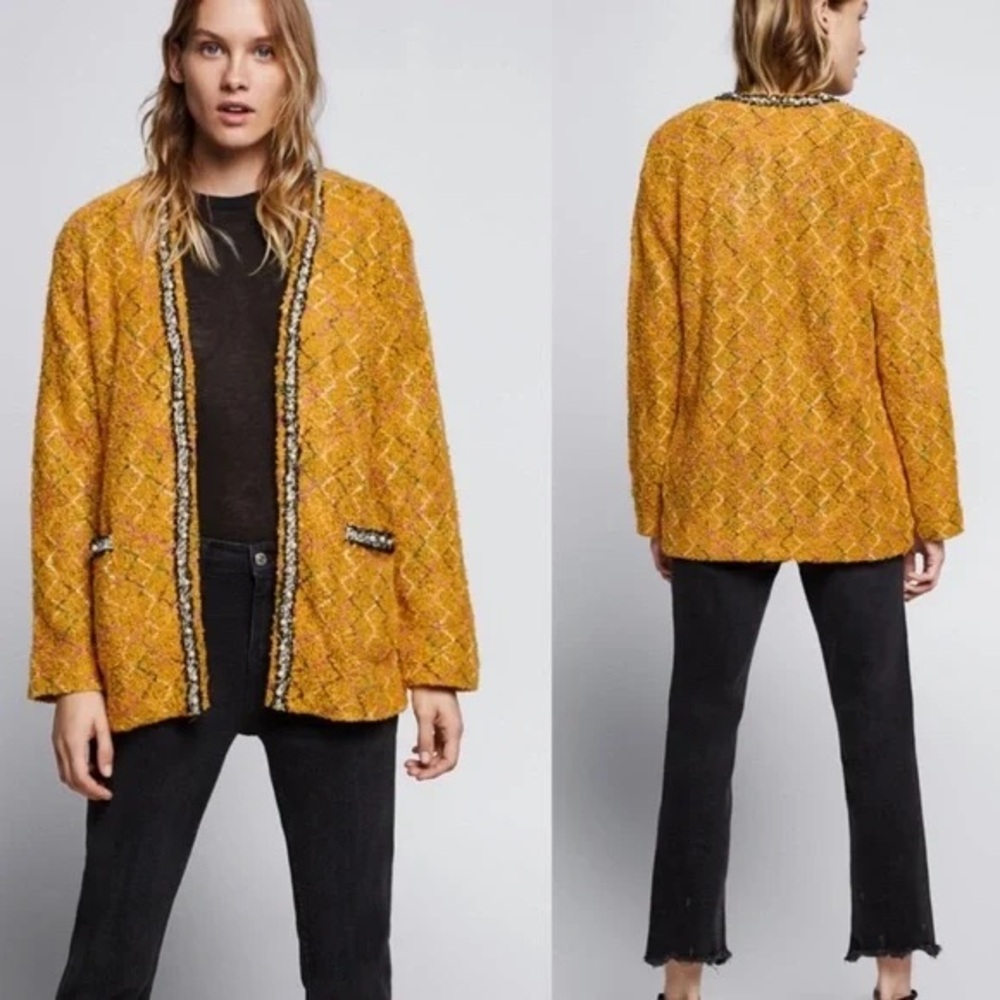 Zara Women's Pearl Beaded Tweed Jacket/Cardigan Size M